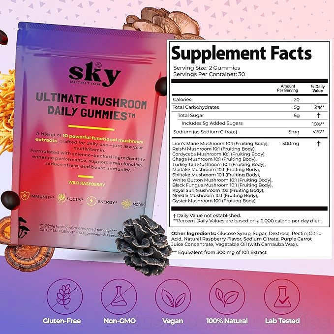 Mushroom Gummies - 10-in-1 Advanced Complex w/Lions Mane, Reishi, Cordyceps, Turkey Tail - Focus & Brain Support - Raspberry Flavored 60 Vegan Lions Mane Mushroom Gummies for Adults