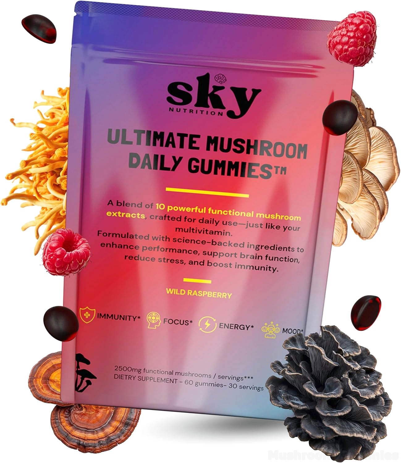 Mushroom Gummies - 10-in-1 Advanced Complex w/Lions Mane, Reishi, Cordyceps, Turkey Tail - Focus & Brain Support - Raspberry Flavored 60 Vegan Lions Mane Mushroom Gummies for Adults