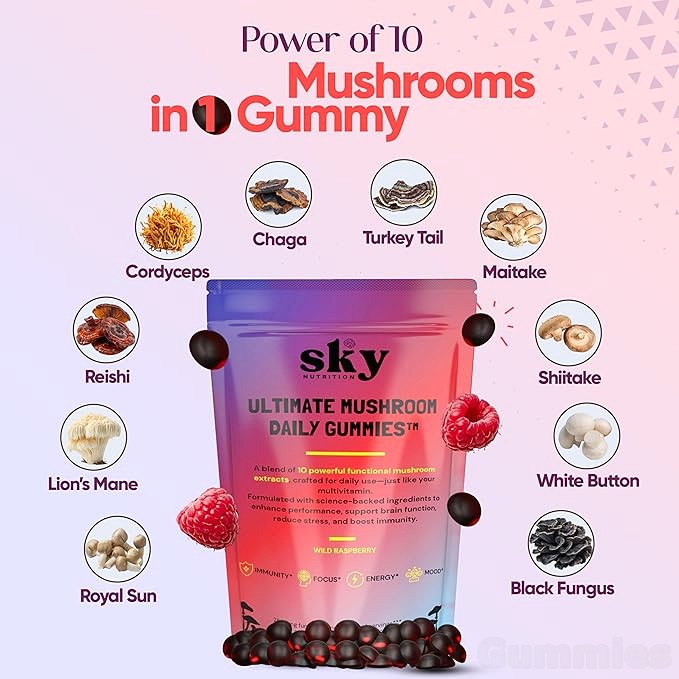 Mushroom Gummies - 10-in-1 Advanced Complex w/Lions Mane, Reishi, Cordyceps,  Turkey Tail - Focus & Brain Support - Raspberry Flavored 60 Vegan Lions Mane  Mushroom Gummies for Adults