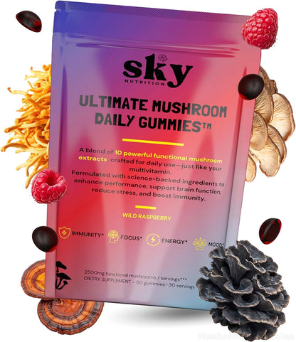Mushroom Gummies - 10-in-1 Advanced Complex w/Lions Mane, Reishi, Cordyceps,  Turkey Tail - Focus & Brain Support - Raspberry Flavored 60 Vegan Lions Mane  Mushroom Gummies for Adults